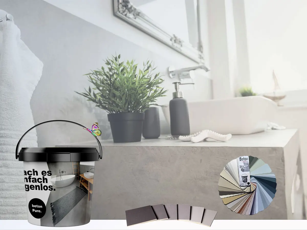 Eimer betonPure Mikrozement mit Farbfächer und Farbmustern